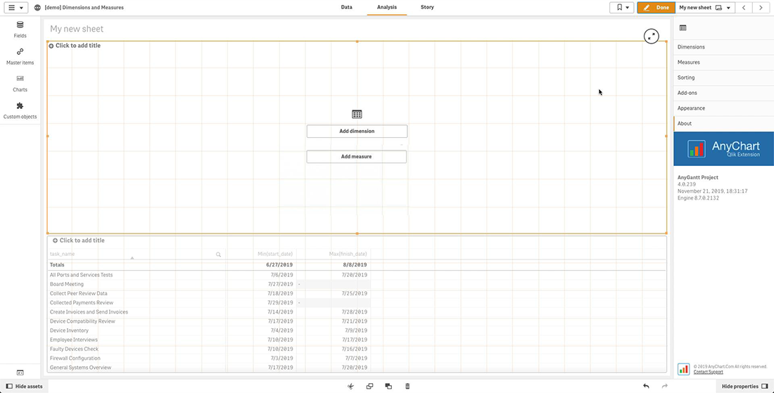 How to Add Dimensions and Measures in Project Gantt Chart in QS