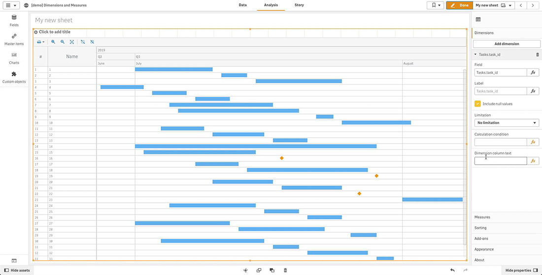 How to Add Dimensions and Measures in Project Gantt Chart in QS