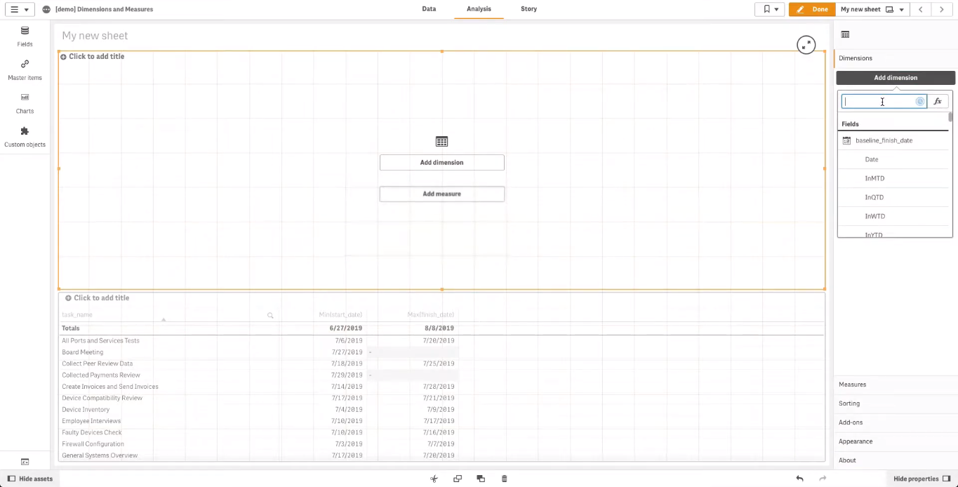 How to Add Dimensions and Measures in Project Gantt Chart in QS