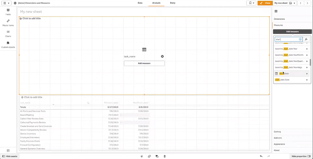 Adding a measure by selecting it from the properties panel