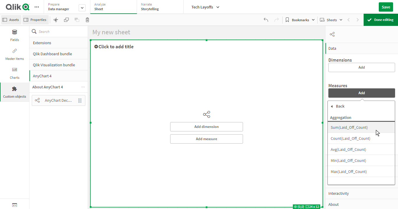 Adding measure and dimensions to decomposition tree in Qlik Sense