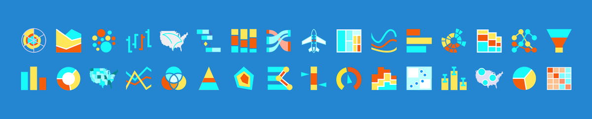 Icons of some of the dozens of pre-built chart types available in AnyChart's JavaScript charting library