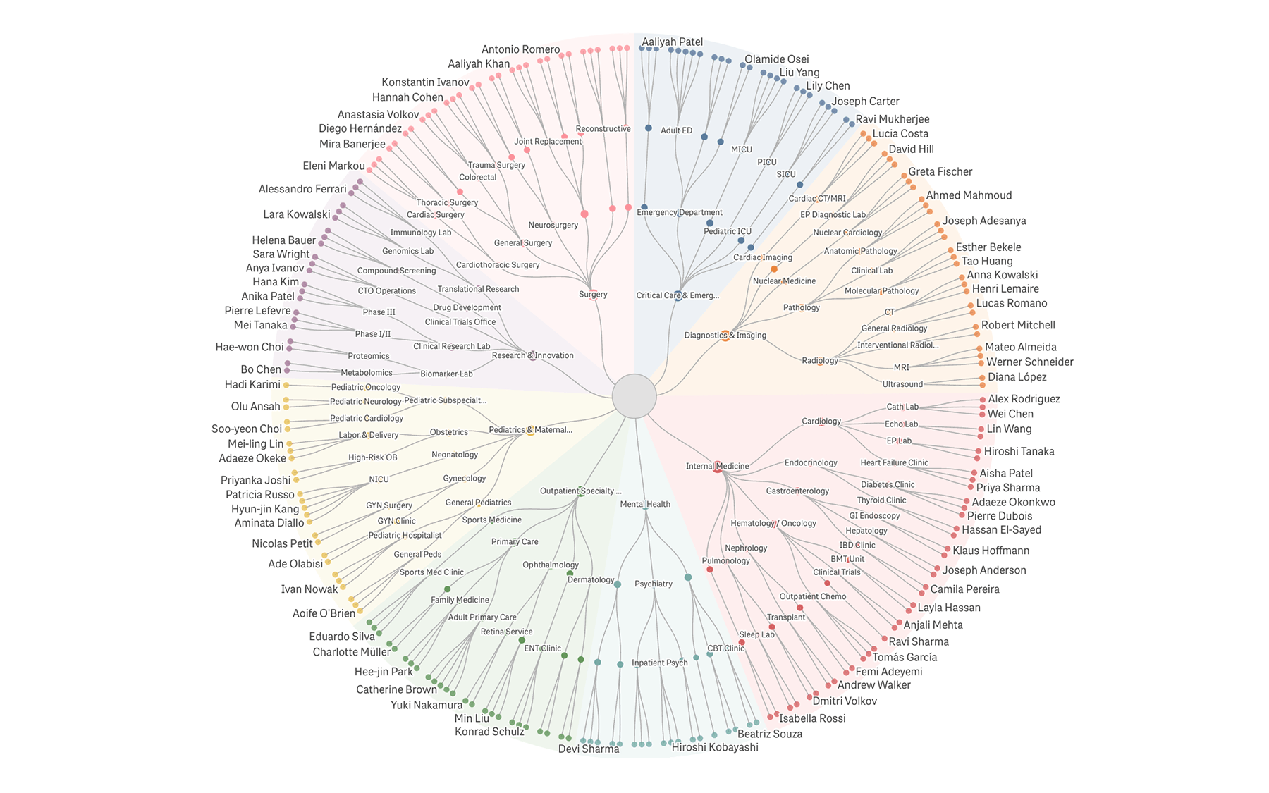 A full radial tree in the form of a colored circular dendrogram