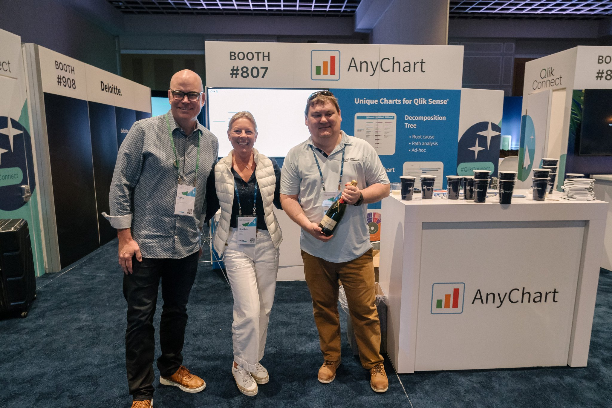 AnyChart's Anton Baranchuk and Heather Kennedy with Christopher Powell, CMO at Qlik, awarding us for the best engagement on social media at Qlik Connect 2024